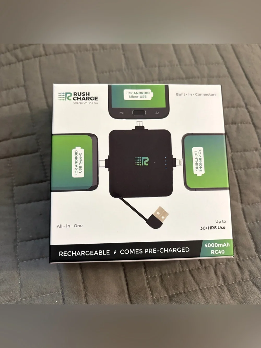 Rush Charge 4000mAh Portable Charger Power Bank - Black